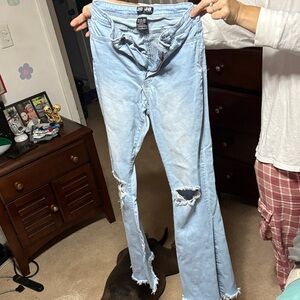 Trendy Light Blue Distressed Flare Jeans